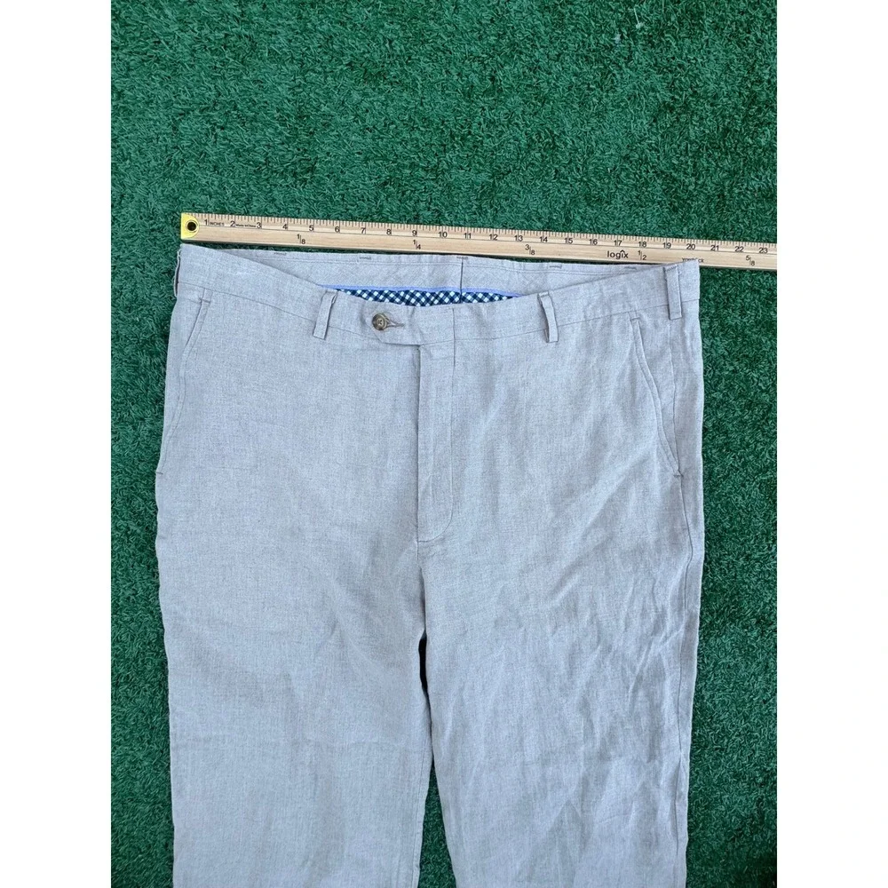 Berle Mens Linen Dress Pants Tan Flat Front‎ Gingham Lining Size 40